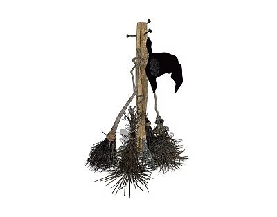 Household Cleaning Tools Hanging on Wooden Pole with Natural Bristle Brooms and Mops 3d model