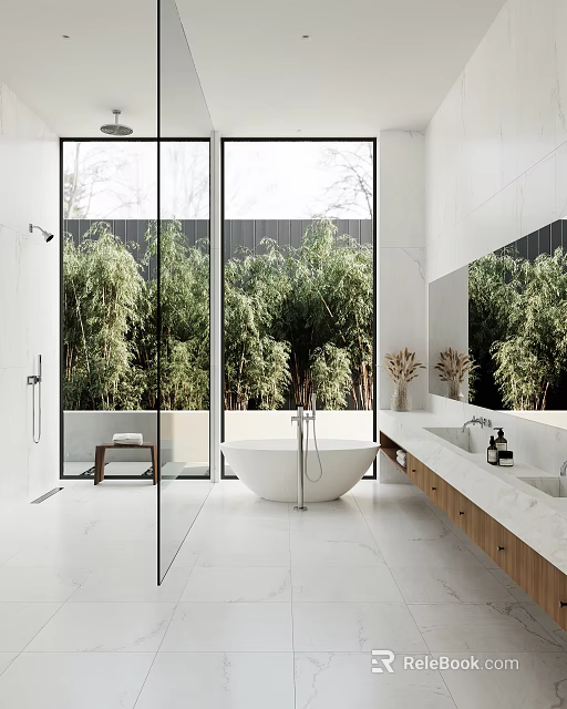 Modern Bathroom With Large Windows Bamboo View Freestanding Bathtub Double Vanity And Wooden Cabinets 3d model 