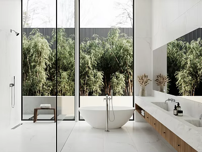 Modern Bathroom With Large Windows Bamboo View Freestanding Bathtub Double Vanity And Wooden Cabinets 3d model