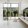 Modern Bathroom With Large Windows Bamboo View Freestanding Bathtub Double Vanity And Wooden Cabinets