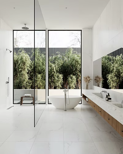 Modern Bathroom With Large Windows Bamboo View Freestanding Bathtub Double Vanity And Wooden Cabinets 3d model