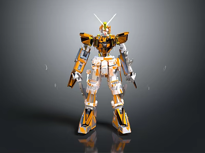 Yellow And White Mech Robot Character With Antennas Weapons And Armor Design 3d model