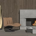 Modern Single Sofa with Fireplace and Floor Lamp in Wooden Wall Living Room