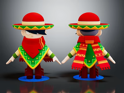 3D Modeled Characters Wearing Red Sombrero Hats Colorful Scarves And Patterned Outfits 3d model