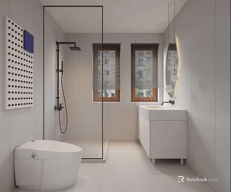 Modern Bathroom Interior With Toilet Vanity Shower Area And Windows 3d model 
