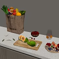 Fresh Fruits and Vegetables on Kitchen Counter with Paper Bag Cutting Board and Berries Bowl