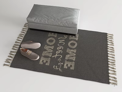 Square Decorative Rug With Home Sweet Home Text Fringed Edge And Shoes Cushioned Stool 3d model