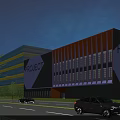 Industrial Factory Building Night View With Orange Blue Facade PROJECT Signage Road Cars And Trees