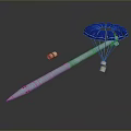Blue Parachute Attached To Long Rocket With Small Cylindrical Object On Dark Surface