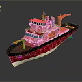 Red Work Boat Model With Yellow Crane Green Deck And White Bottom 3d model
