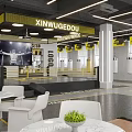 Modern Fitness Gym Interior With Boxing Ring Treadmill White Chairs Tables And Bright Lighting