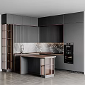 Modern Dark Gray Kitchen With Wooden Countertop Marble Backsplash And Built-in Coffee Machine