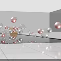 Floating Inflatable Spheres in Red Silver Transparent Against White Walls Blue Sky White Tiled Floor