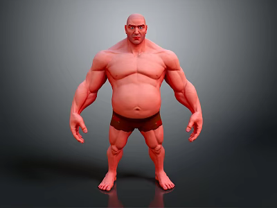 Muscular Male Character 3D Model With Bald Head Red Skin Strong Build And Dark Shorts 3d model