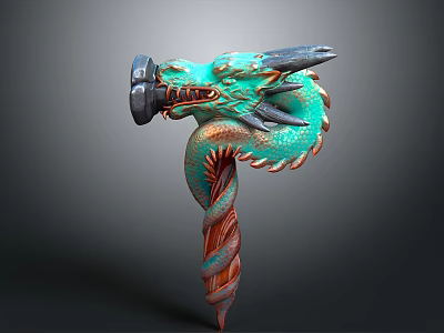 Mythical Dragon Head Weapon with Green Scales and Red Spiral Handle Design 3d model