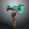 Mythical Dragon Head Weapon with Green Scales and Red Spiral Handle Design