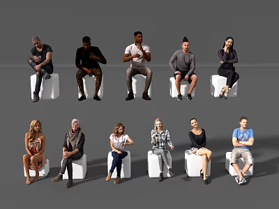 Diverse Group of People Sitting on White Stools in Casual Poses Against a Gray Background 3d model