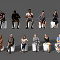 Diverse Group of People Sitting on White Stools in Casual Poses Against a Gray Background