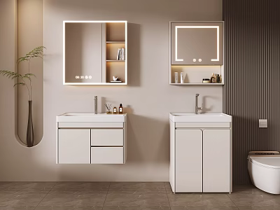 Double White Vanity Washbasin in Modern Bathroom with Cabinet LED Mirror and Decorative Plant 3d model
