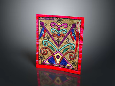 Decorative Furniture Accessory with Colorful Embroidered Pattern Red Border and Geometric Design 3d model