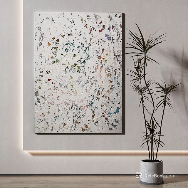 Colorful Abstract Wall Art With Potted Plant In Modern Interior Decor 3d model 