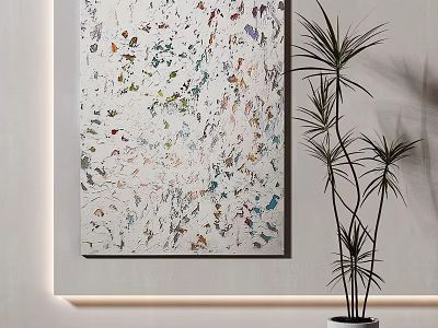 Colorful Abstract Wall Art With Potted Plant In Modern Interior Decor 3d model