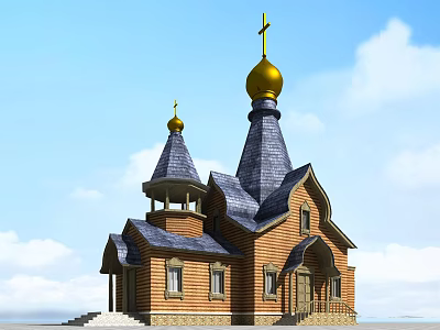 Classic European Architecture With Golden Domes Crosses Blue Roofs Brick Red Walls Windows And Steps 3d model