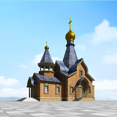 Classic European Architecture With Golden Domes Crosses Blue Roofs Brick Red Walls Windows And Steps 3d model