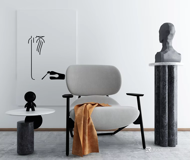 Gray Single Sofa With Orange Blanket Small Round Table Black Decor Abstract Painting And Sculpture 3d model 