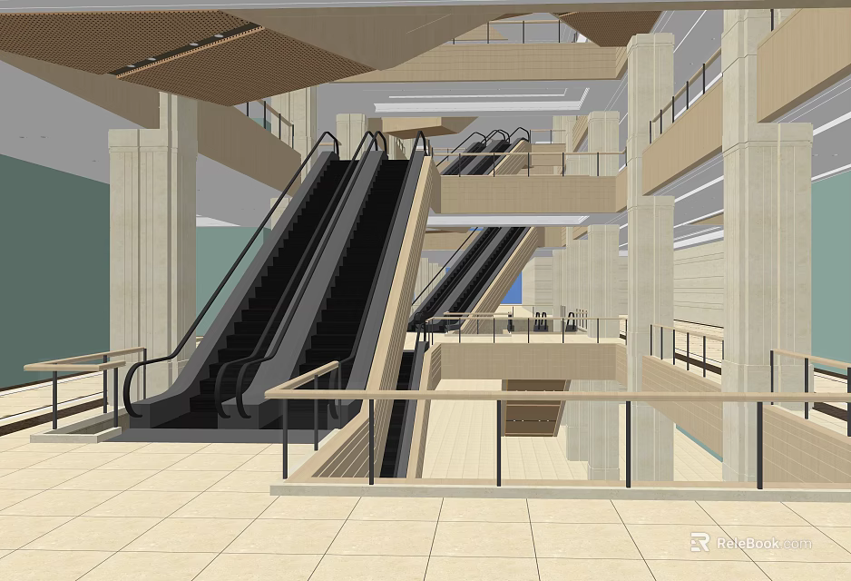Modern Indoor Mall Atrium Design With Escalators Multiple Levels And Glass Railings 3d model 
