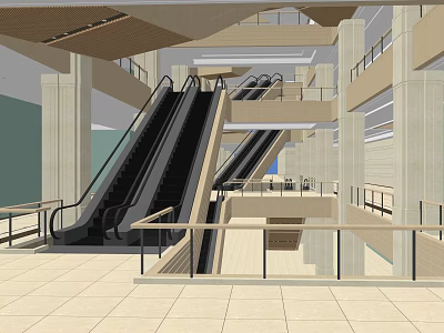 Modern Indoor Mall Atrium Design With Escalators Multiple Levels And Glass Railings 3d model