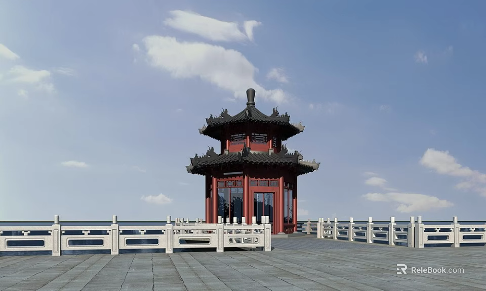 Ancient Chinese Pavilion With Multi Tiered Roof Red Structure And White Railings Under Blue Sky 3d model 