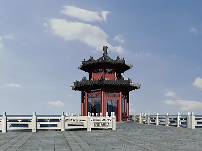 Ancient Chinese Pavilion With Multi Tiered Roof Red Structure And White Railings Under Blue Sky 3d model