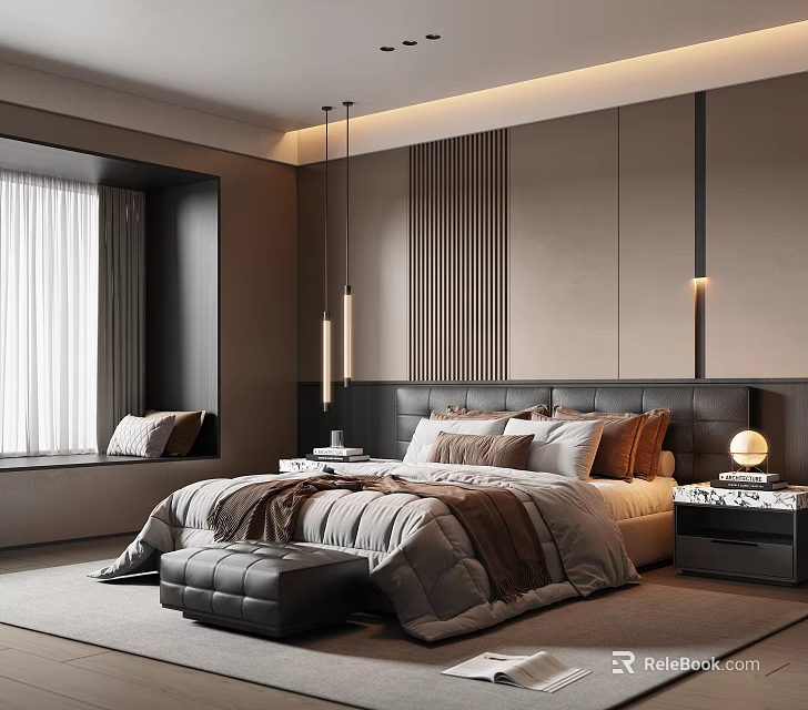 Modern Bedroom Interior With Wooden Accents Multiple Pillows Ottoman Nightstand Lamp And Curtains 3d model 