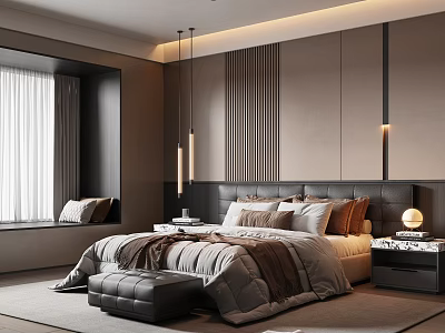 Modern Bedroom Interior With Wooden Accents Multiple Pillows Ottoman Nightstand Lamp And Curtains 3d model