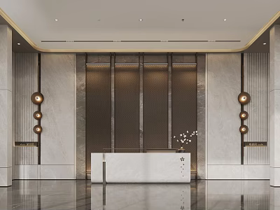 Elegant Modern Lobby Reception Area With Marble Front Desk And Decorative Wall Lights 3d model