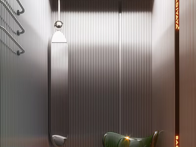 Sleek Shop Reception Area With Vertical Metallic Stripes Green Chair Orange Signage And Pendant Light 3d model