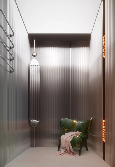 Sleek Shop Reception Area With Vertical Metallic Stripes Green Chair Orange Signage And Pendant Light 3d model