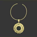 Elegant Gold Necklace With Round Pendant Green Gemstone And Decorative Pattern
