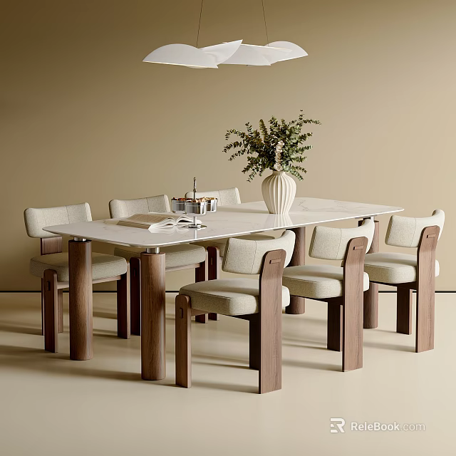 Modern Dining Table And Chairs Set With White Tabletop Beige Seats Wooden Legs And Vase 3d model 