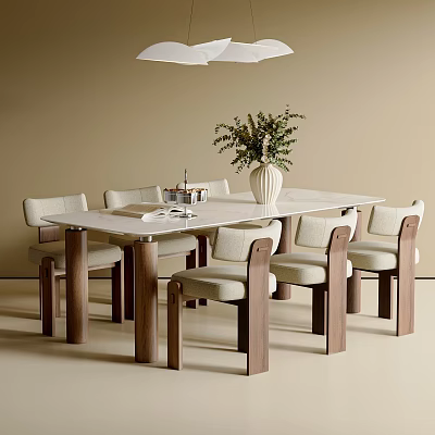 Modern Dining Table And Chairs Set With White Tabletop Beige Seats Wooden Legs And Vase 3d model