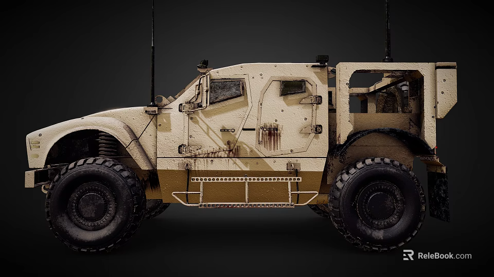 Armored Military Off-Road Vehicle With Large Tires Beige Antennas Worn Metal Frame And Side Windows 3d model 