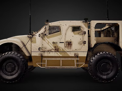 Armored Military Off-Road Vehicle With Large Tires Beige Antennas Worn Metal Frame And Side Windows 3d model