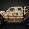 Armored Military Off-Road Vehicle With Large Tires Beige Antennas Worn Metal Frame And Side Windows