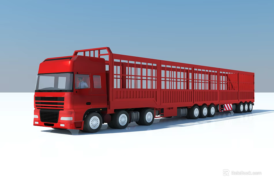 Large Red Cargo Truck With Long Cage Structure And Multiple Wheels 3d model