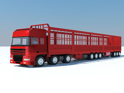 Large Red Cargo Truck With Long Cage Structure And Multiple Wheels 3d model
