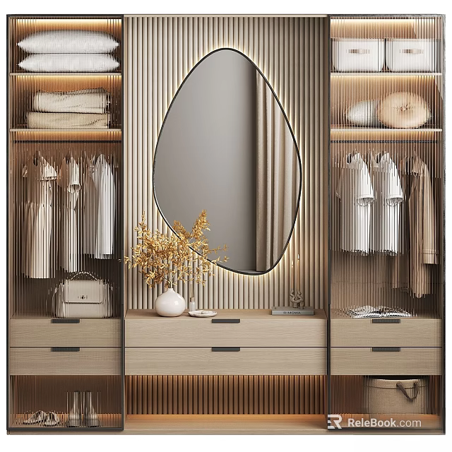 Modern Dresser With Oval Mirror Striped Backdrop Wardrobes Clothes Vase Dried Flowers Handbag And Books 3d model 
