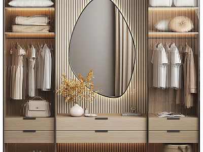 Modern Dresser With Oval Mirror Striped Backdrop Wardrobes Clothes Vase Dried Flowers Handbag And Books 3d model