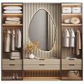 Modern Dresser With Oval Mirror Striped Backdrop Wardrobes Clothes Vase Dried Flowers Handbag And Books