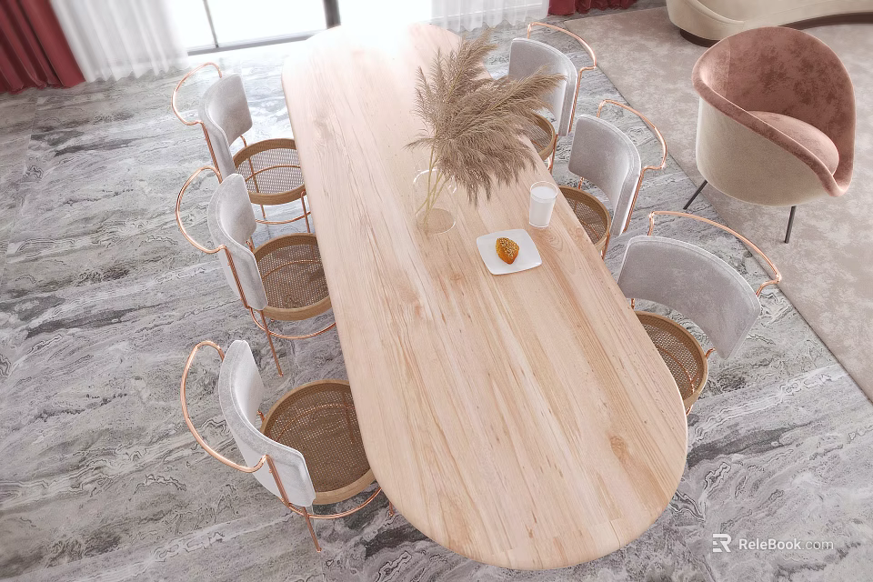Elegant Restaurant Dining Area With Wooden Oval Table Metal Frame Woven Chairs And Vase Decor 3d model 